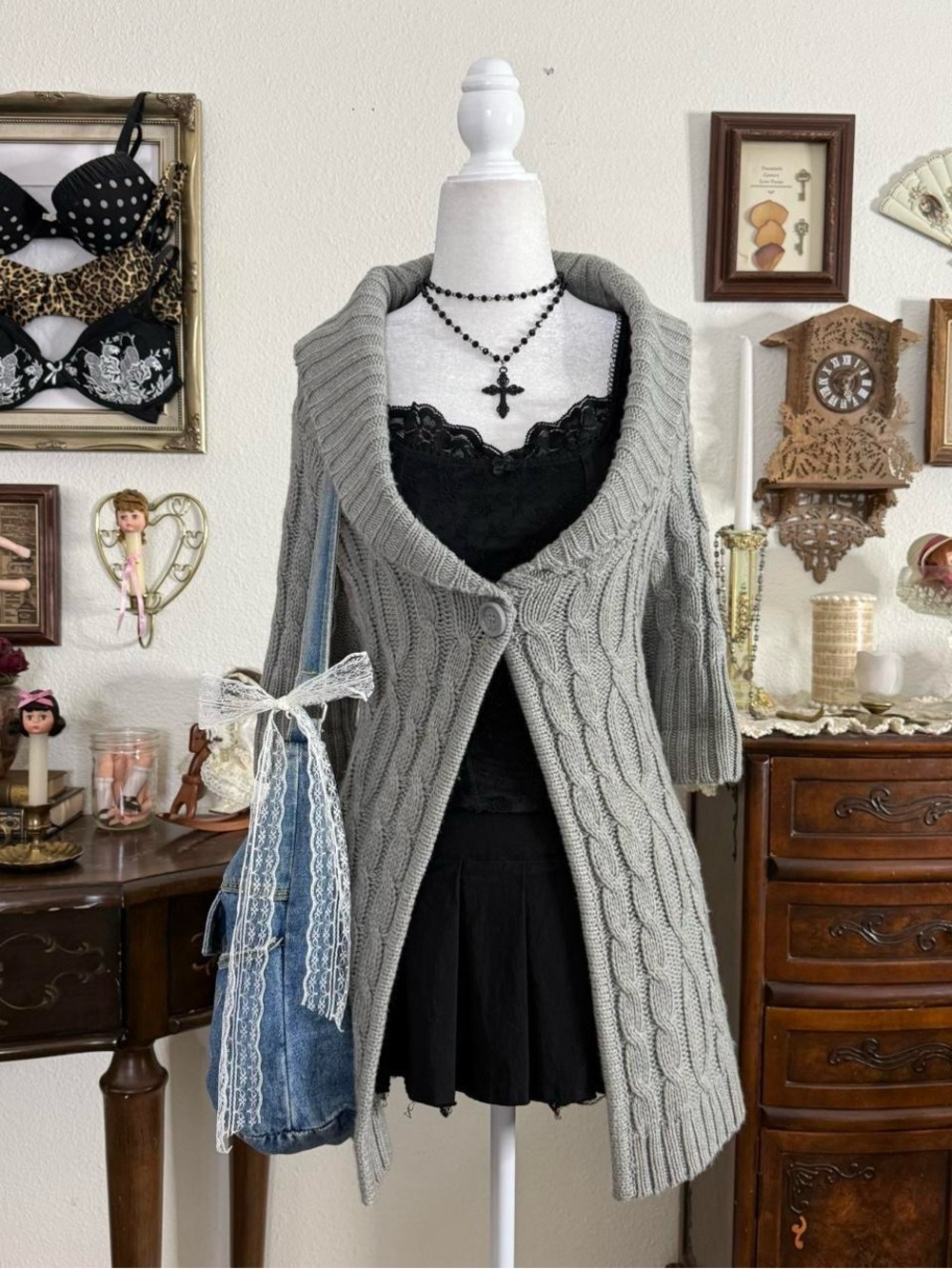 fairy grunge whimsical twee grey cable knit short sleeve open front cardigan